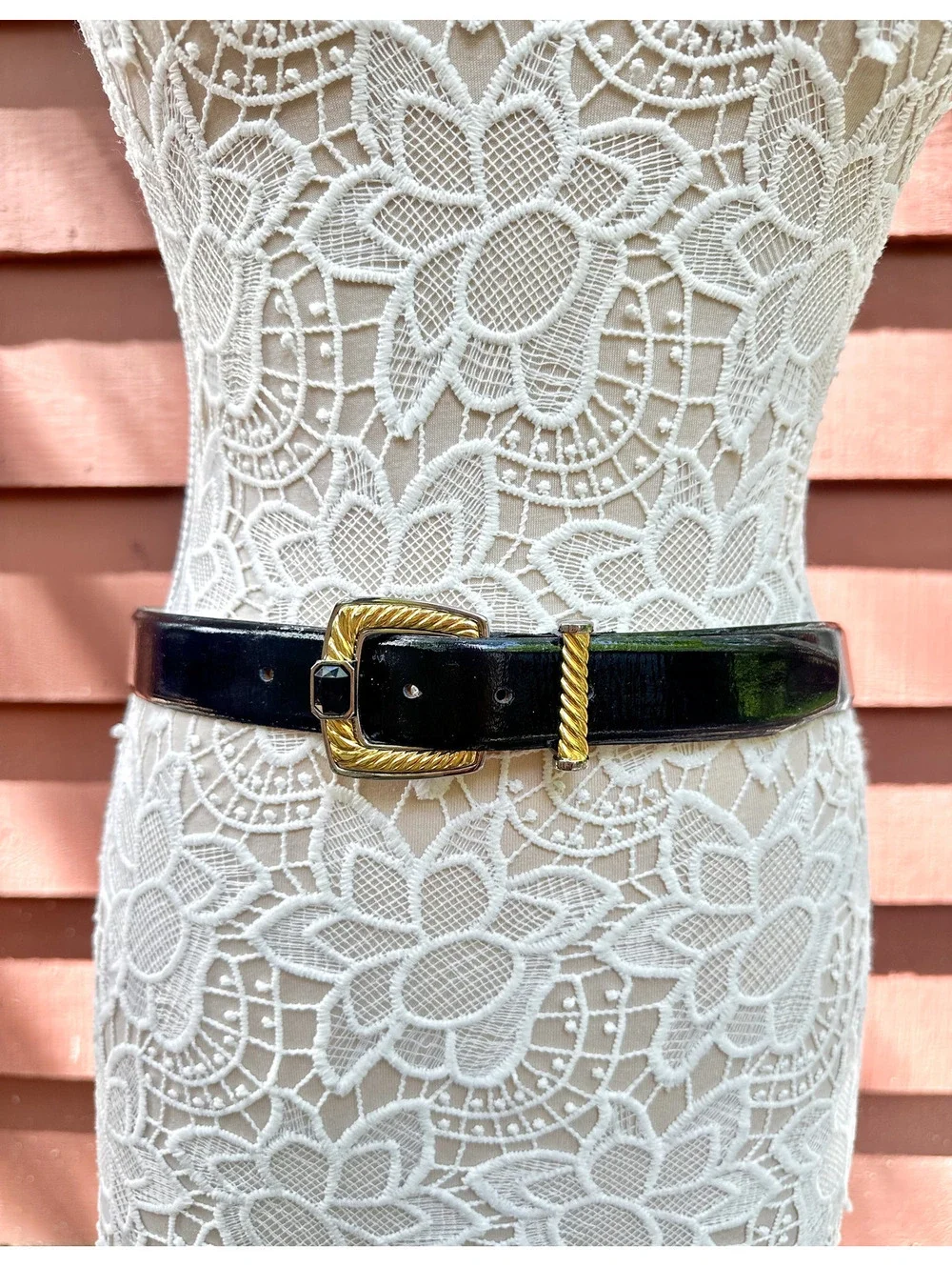 Talbots Vintage Black Patent Leather Belt with Gold Buckle